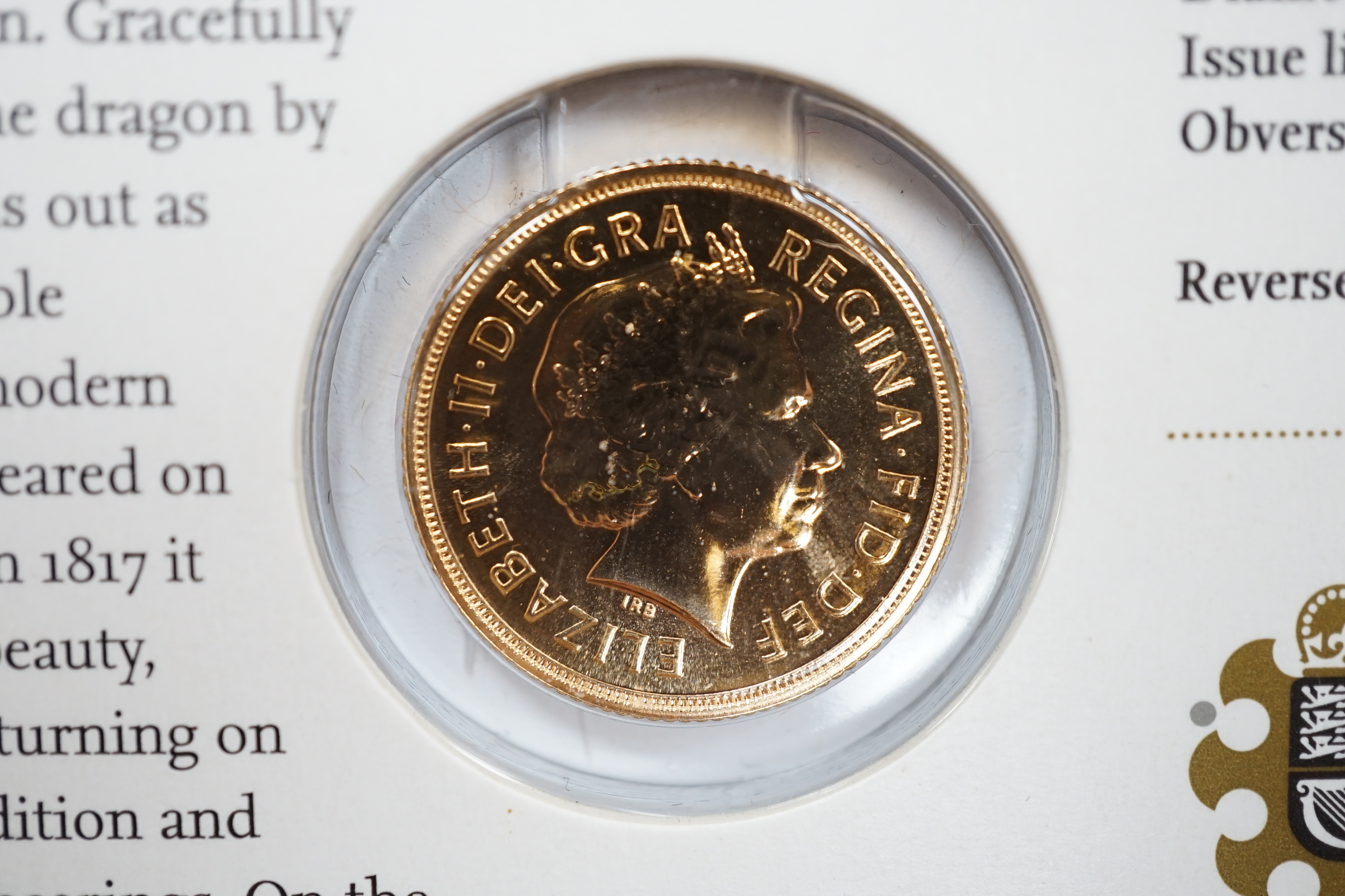 British gold coins, Elizabeth II, 2008 gold bullion half sovereign St. George & The Dragon, BUNC, Royal Mint card